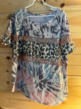 BiBi Multi-Print Short Sleeve Top with Rose Gold Sequin Stripes